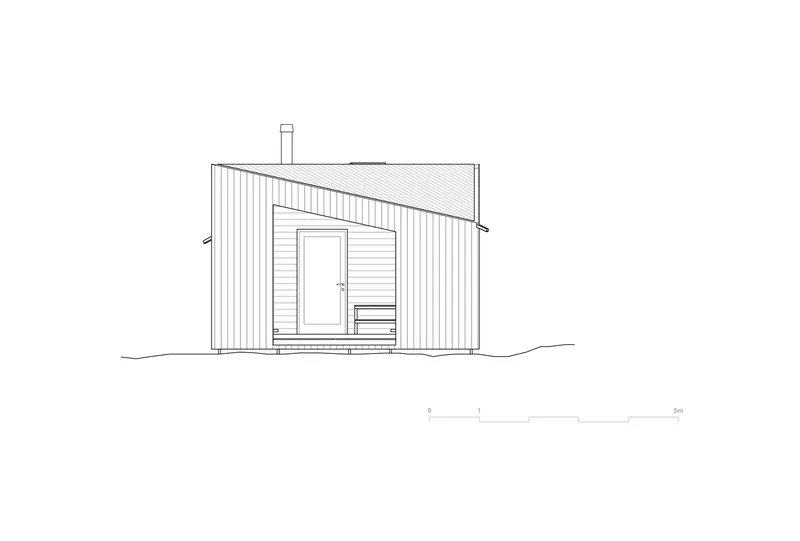 Elevation drawing of a vertical-clad cabin with sloping roof and central chimney