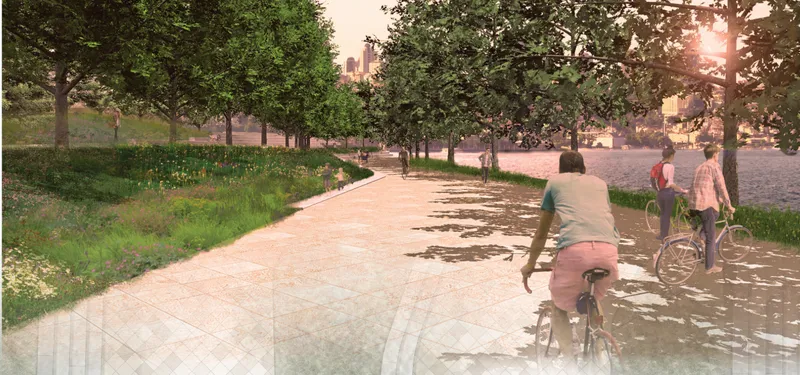 Tree-lined pedestrian path with cyclists in dappled sunlight looking toward the waterfront