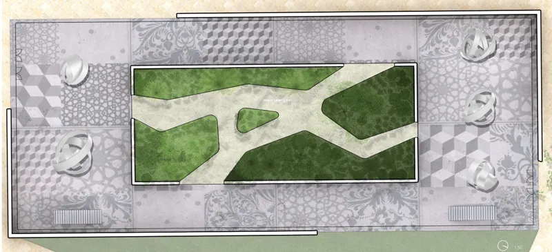 Site plan drawing showing a central rectangular green roof garden surrounded by patterned paving and landscaped borders