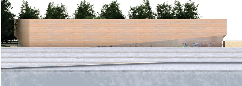 Long horizontal timber-clad volume rising above white terraced seating and tree line