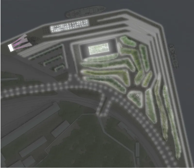 Aerial site plan rendering of terraced landscape bands wrapping around a central courtyard with planted strips