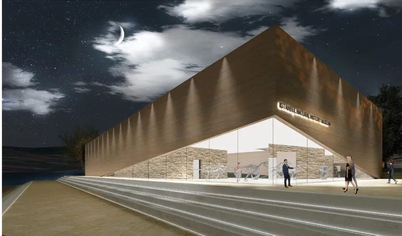 Rendering of the angular bronze facade with recessed glazed entrance at night under a crescent moon