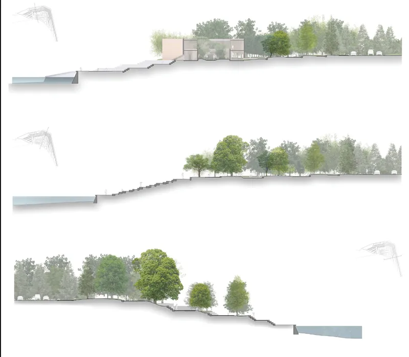Three section drawings showing the sloping terrain with trees and stepped pathways connecting different levels