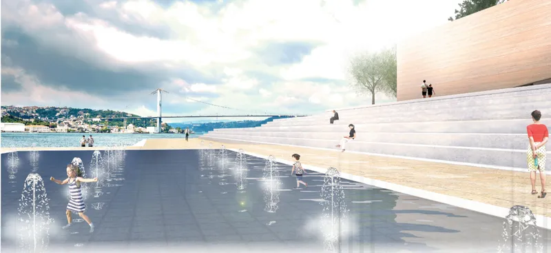 Waterfront amphitheater steps with interactive fountain jets and people gathering under cloudy skies