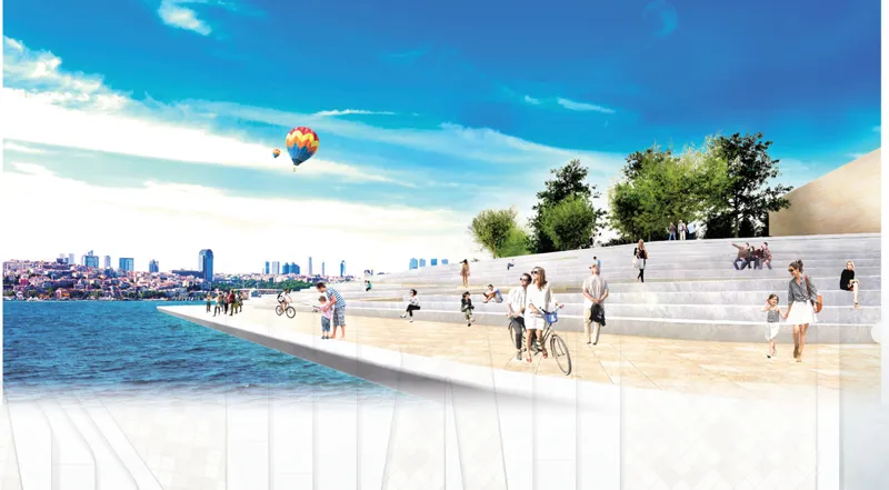 Tiered seating along the waterfront promenade with cyclists and pedestrians under a hot air balloon