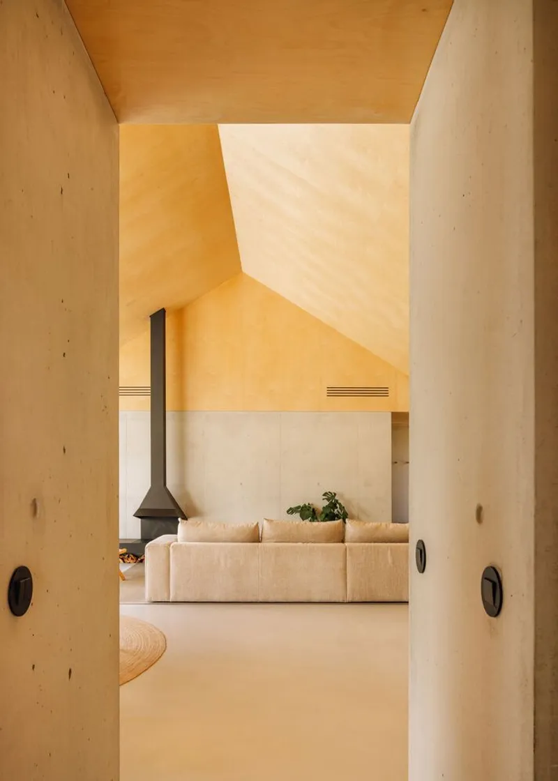 View through concrete portal framing the living space with fireplace under yellow plywood vaulted ceiling and indirect sunlight