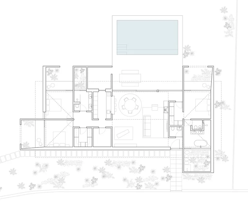 Floor plan drawing showing open living spaces with terrace courts and rooftop pool