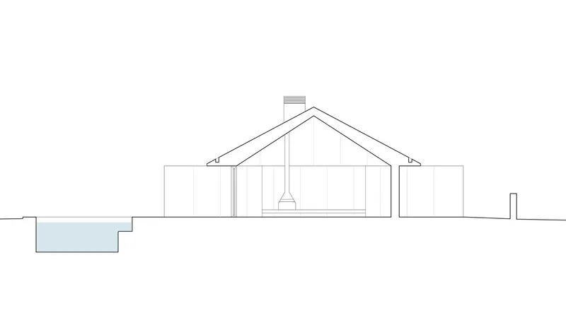 Section drawing through the gabled volume showing interior height and adjacent pool