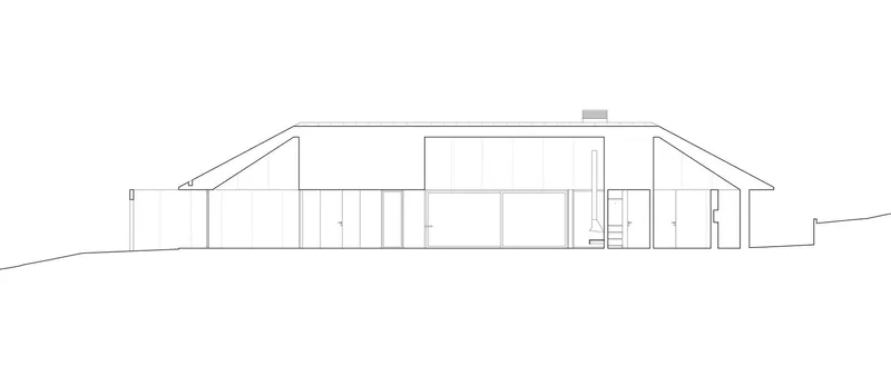 Elevation drawing of the pitched roof residence with vertical timber cladding and recessed openings