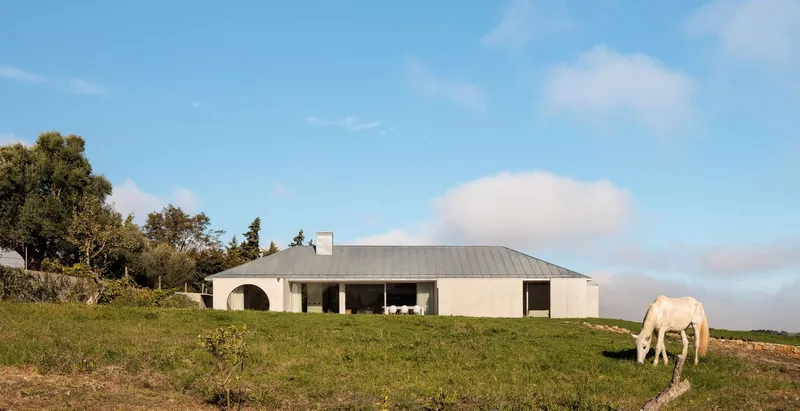 Exterior view of the white gabled house on a grassy hillside with grazing horse