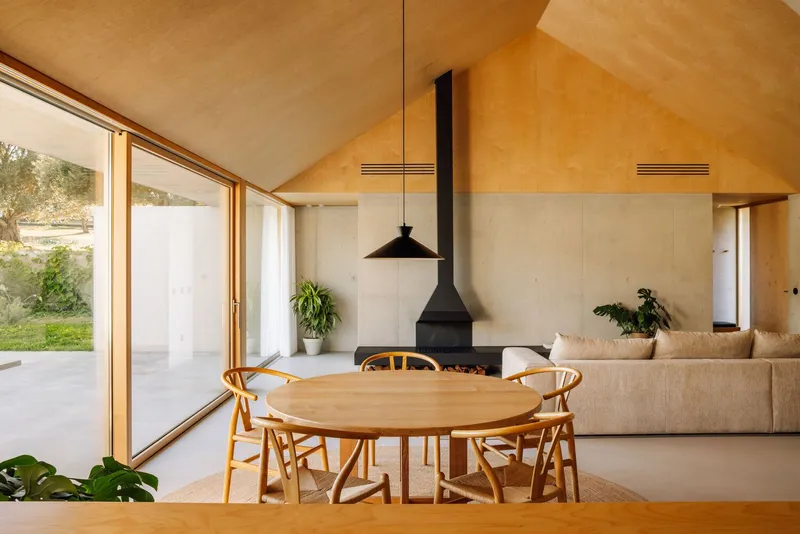 Dining area with plywood vaulted ceiling and suspended fireplace opening to garden through timber-framed glazing