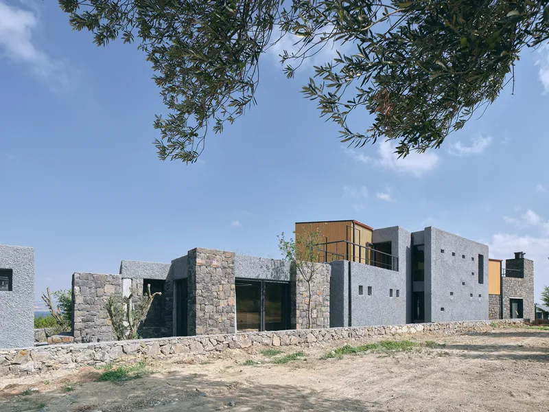 Facade showing stone walls, concrete volumes, and timber-clad upper level framed by tree branches