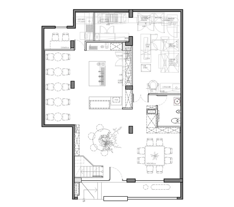 Floor plan drawing showing open dining and kitchen layout with central tree and adjacent bathroom