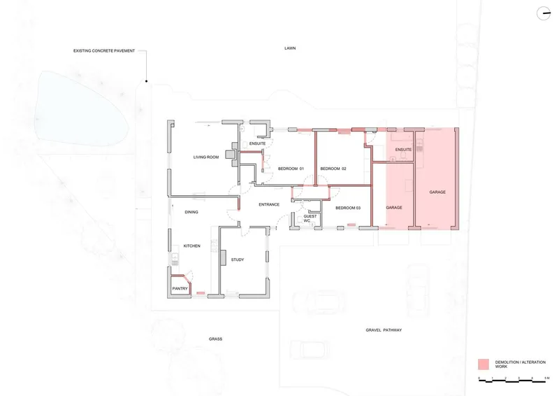 Floor plan drawing showing existing layout with bedrooms, living spaces and proposed demolition areas highlighted