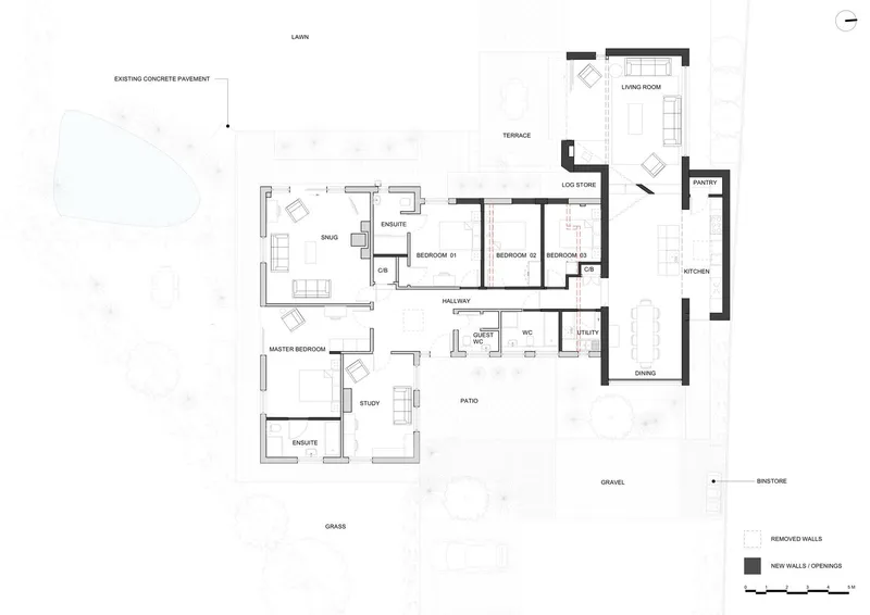 Floor plan drawing showing proposed layout with extended living room, additional terrace and new openings