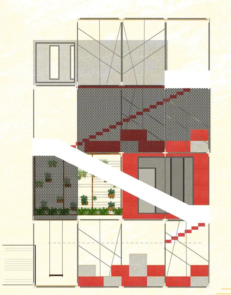 Section drawing revealing stacked volumes with mesh screens, red accent walls, and white diagonal circulation stairs