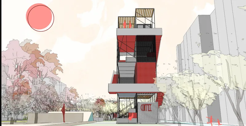Street view rendering of the vertical modular tower with red and grey panels flanked by pink-toned trees