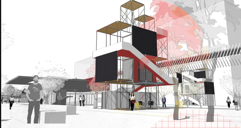 Street-level perspective showing the stacked volumes with white stair and pedestrians gathered on the ground plane