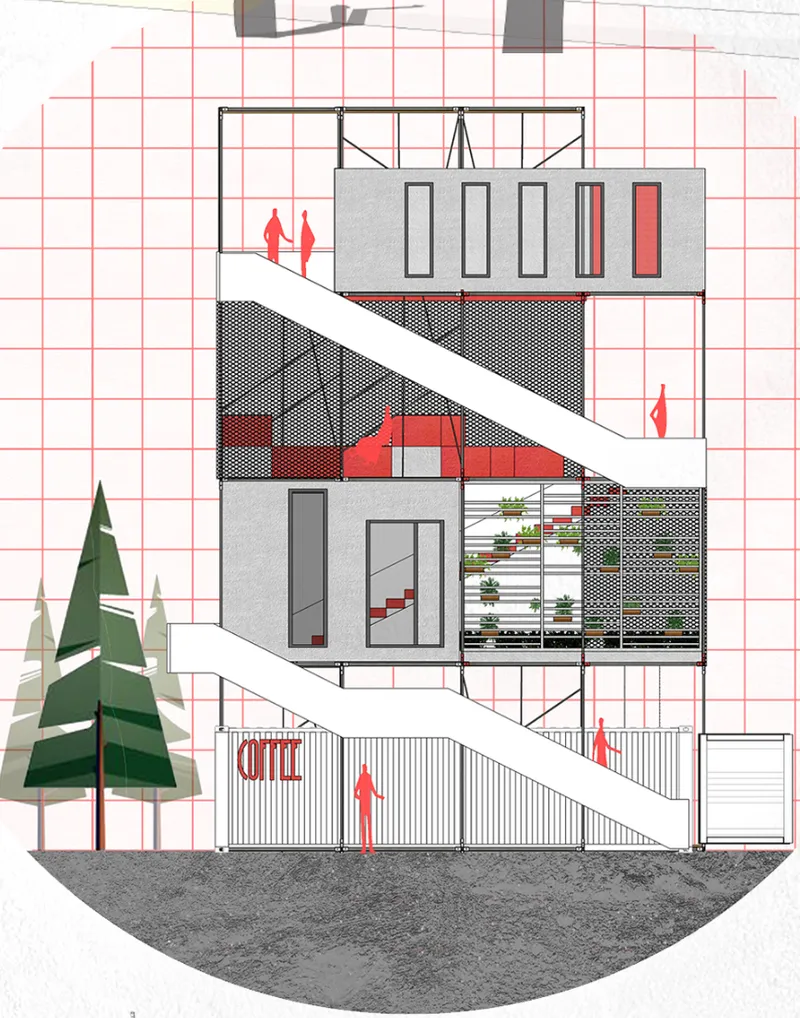 Section drawing showing a multi-level dwelling with perforated screens, planted terraces, and diagonal white stairs