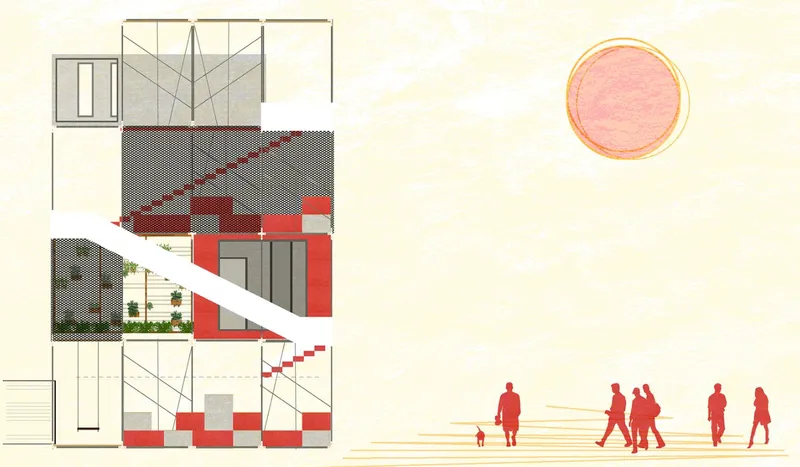 Section drawing showing stacked modular volumes with a diagonal white stair connecting multiple levels