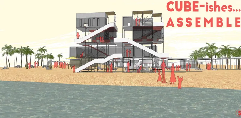 Rendered perspective of stacked volumes with a diagonal white stair on a sandy beachfront with palm trees