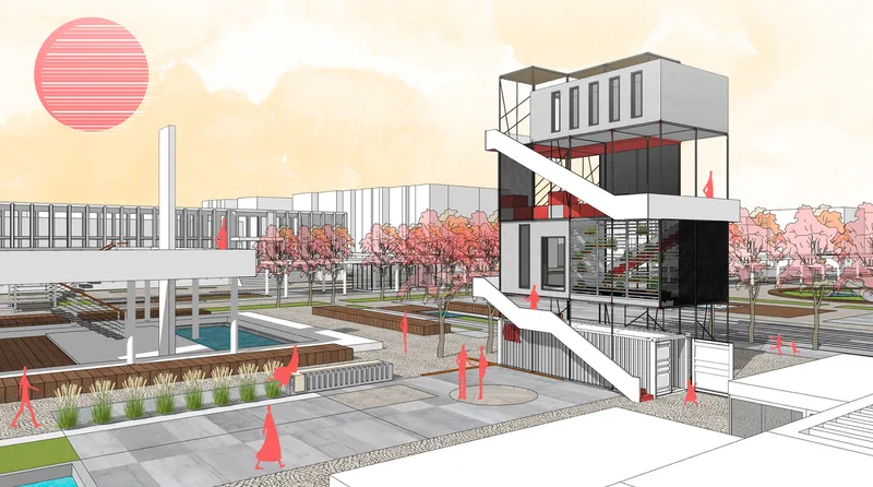 Rendered view of the tower with diagonal stair overlooking a plaza with reflecting pools and pink autumn trees