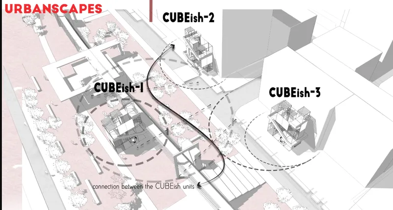 Site plan showing three modular tower units connected by curved pathways within an urban block context