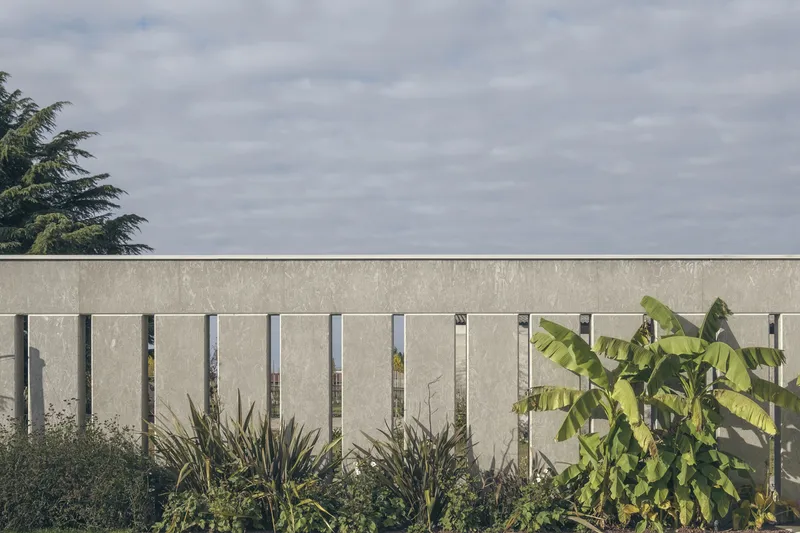 Concrete wall with vertical fins and planted bed featuring banana palms and spiky foliage