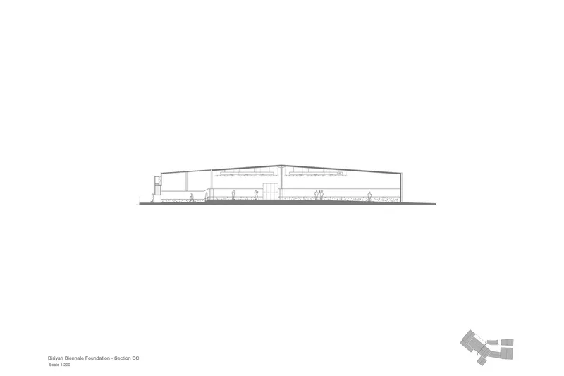 Section drawing showing single low warehouse volume with gabled roof and interior structure