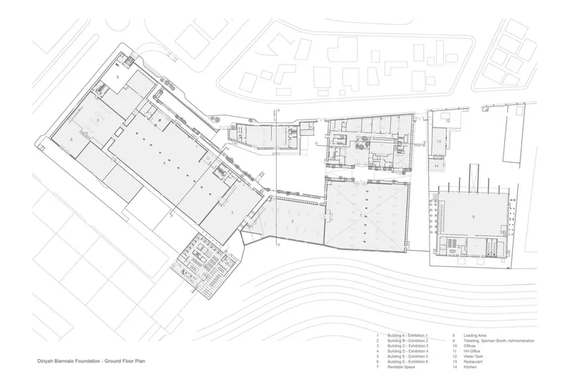Ground floor plan drawing showing multiple angled warehouse volumes and adjacent parking areas
