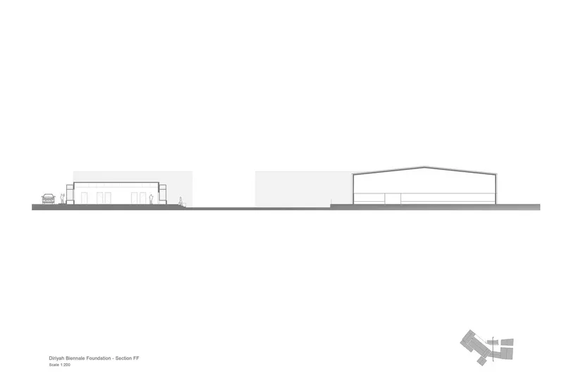 Section drawing showing two detached structures with gabled roofs connected by a ground plane