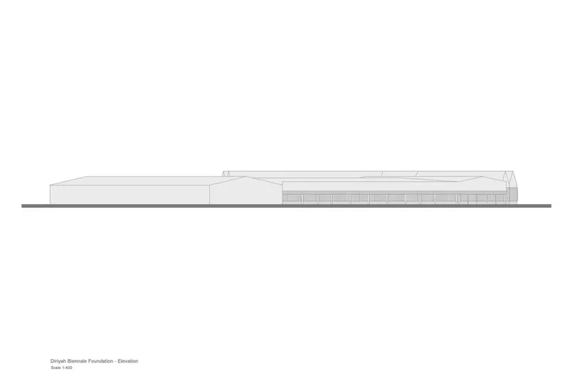 Elevation drawing depicting a low horizontal structure with a folded roofline and glazed openings