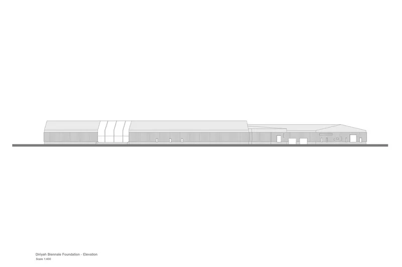 Elevation drawing showing an extended horizontal volume with varied massing and vertical fenestration rhythm