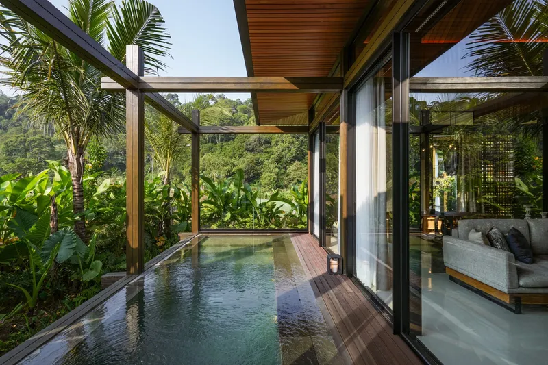 Covered terrace with timber ceiling and steel frame overlooking a pool edged with tropical planting