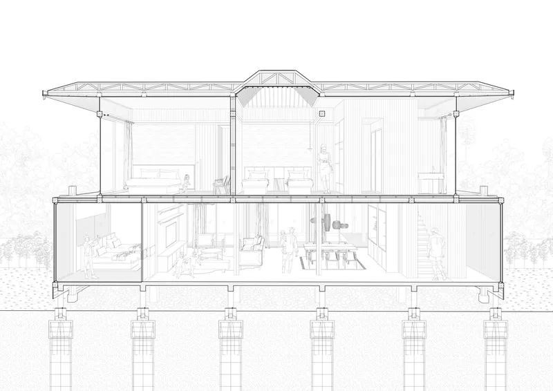 Section drawing revealing two-level interior spaces with figures, elevated floor and exposed roof truss framework