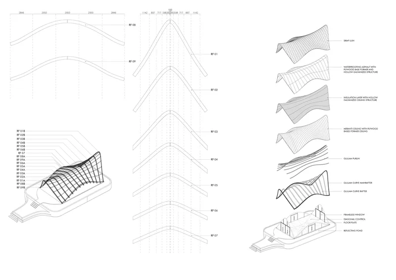 Exploded axonometric drawing showing structural assembly sequence from curved roof to foundation piers with dimensional notation