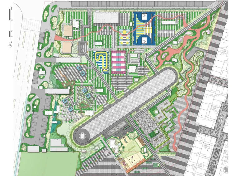 Site plan drawing showing elongated plaza with water features, planted areas and surrounding buildings