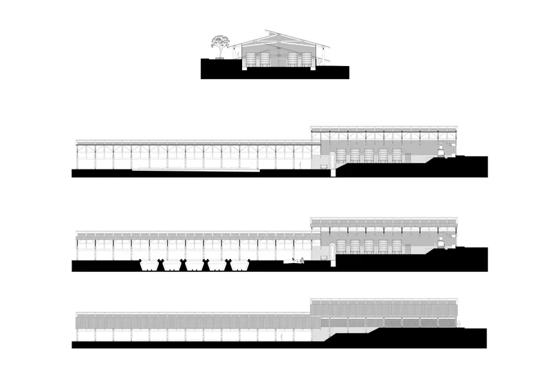 Elevation drawings showing long horizontal volumes with regularly spaced columns and silhouetted figures below