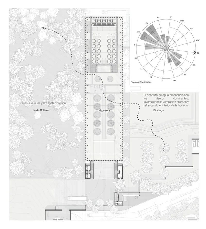 Site plan drawing showing building footprint with circular elements and surrounding vegetation with wind diagram
