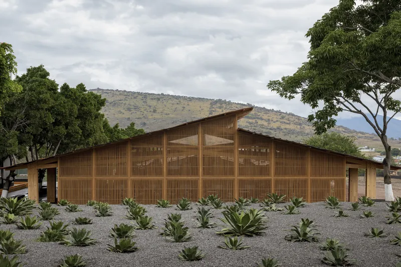 Gabled timber screen facade with vertical slats and planted agaves set against a distant hillside