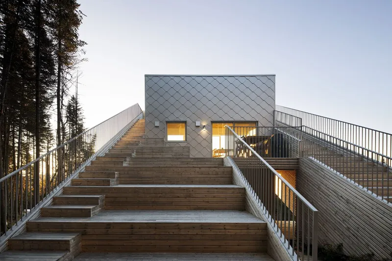 Timber staircase leading to upper volume clad in diamond-pattern metal panels at dusk
