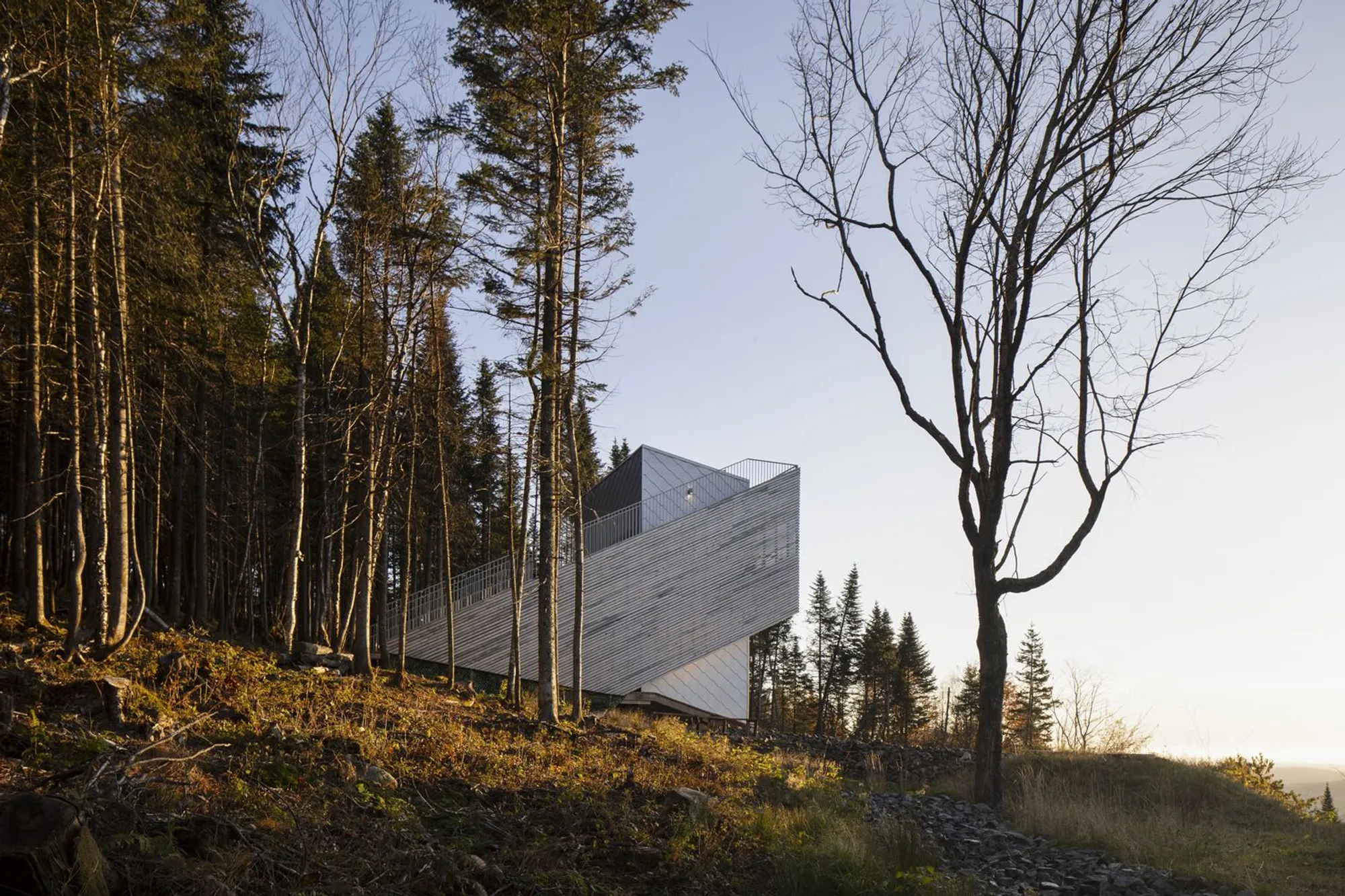 Quinzhee Architecture Splits a 48 m² Mountain Retreat into Metal and Cedar on a Quebec Summit
