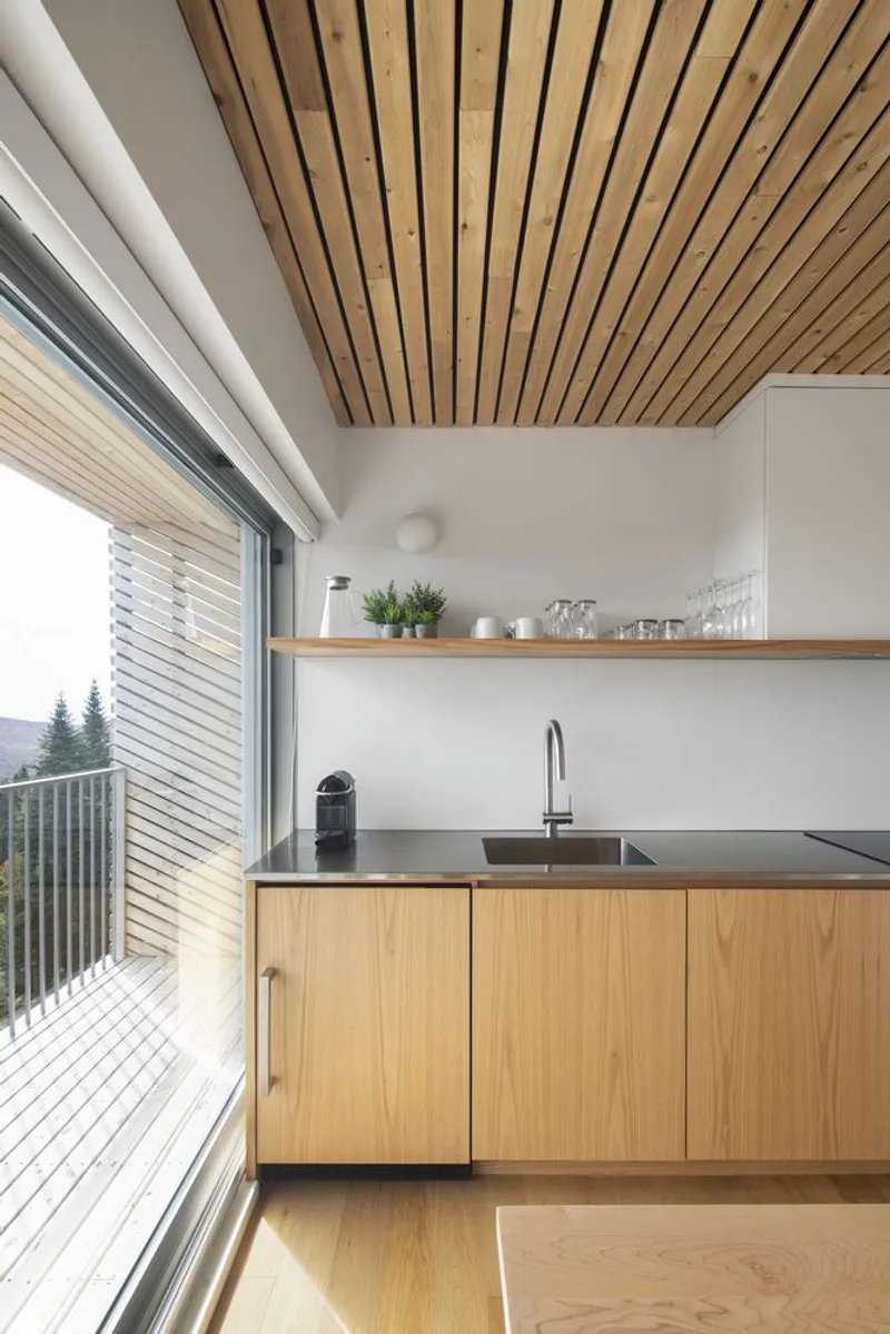Kitchen counter with light wood cabinetry beneath a slatted ceiling with mountain views beyond