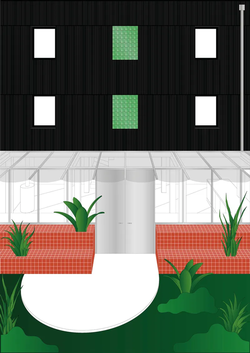 Section drawing showing the facade with glass block panels, corrugated cladding and planted beds below