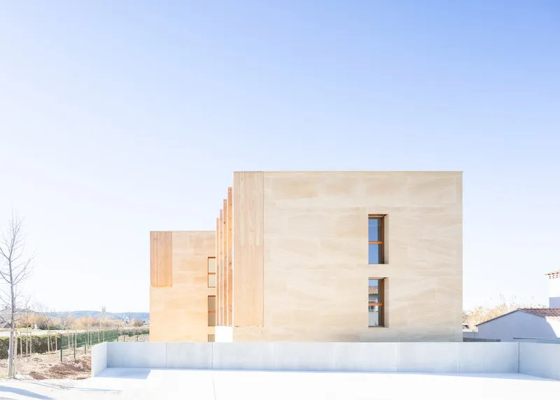 Side elevation of the plywood-clad volumes with vertical fins rising above the concrete base