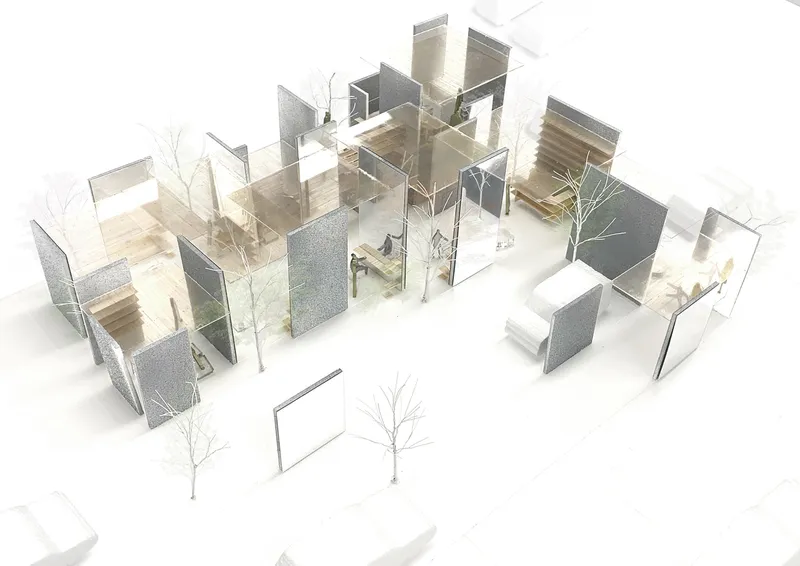 Axonometric drawing showing interlocking timber and translucent panel volumes around interior planted courtyards
