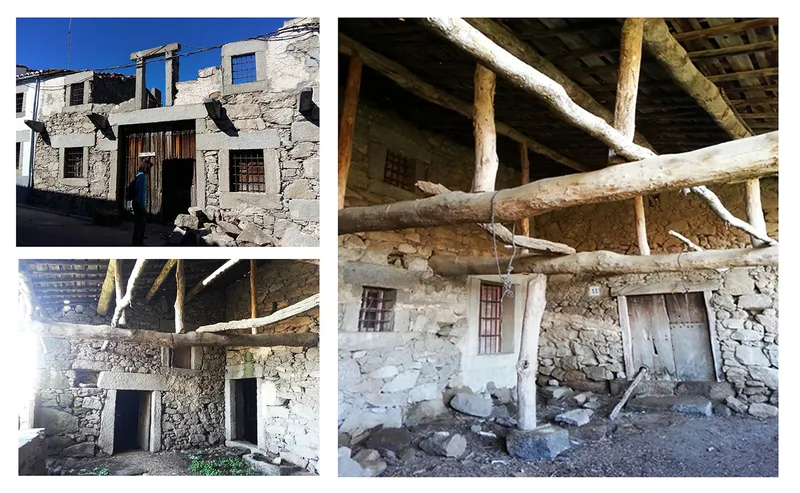 Composite showing deteriorated stone structure with exposed timber beams and collapsed interior floors
