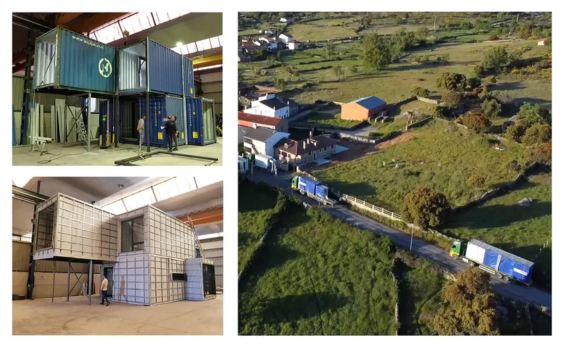 Composite showing shipping containers in a warehouse and aerial view of modules on site