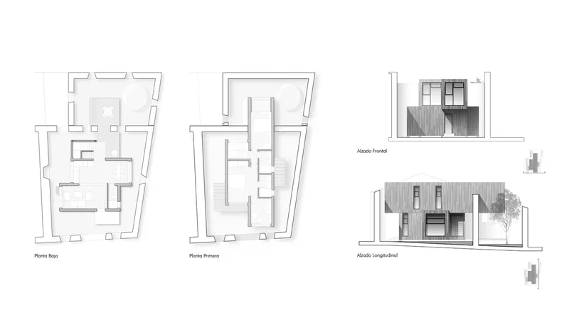 Floor plans and elevation drawings showing the layout and timber-clad facade