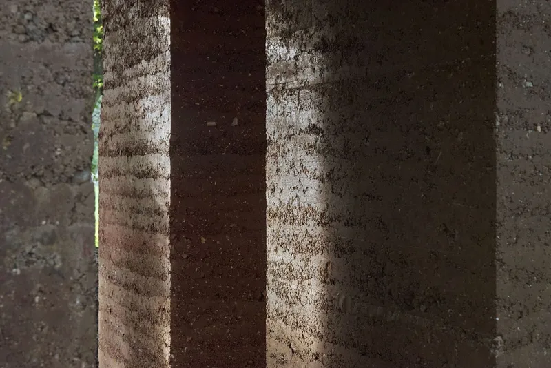 Detail of layered rammed earth columns with shadow patterns falling across their surfaces